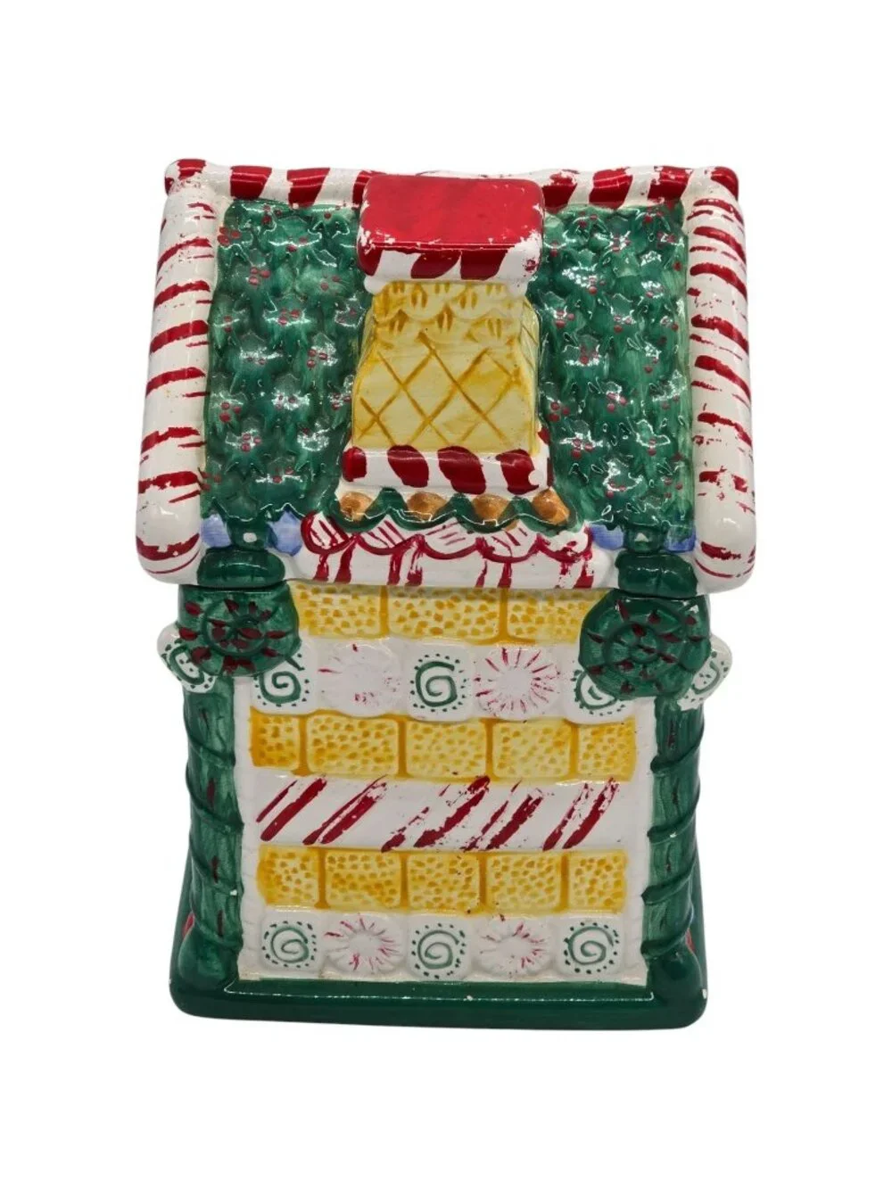 Hand Painted Gingerbread House Cookie Jar Christmas Candy Cane Ceramic Holiday